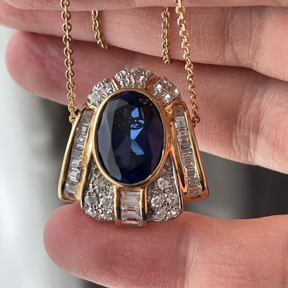 Kashmir sapphire cz gold plated solid sterling silver pendant & gold tone chain - Picture 2 of 7